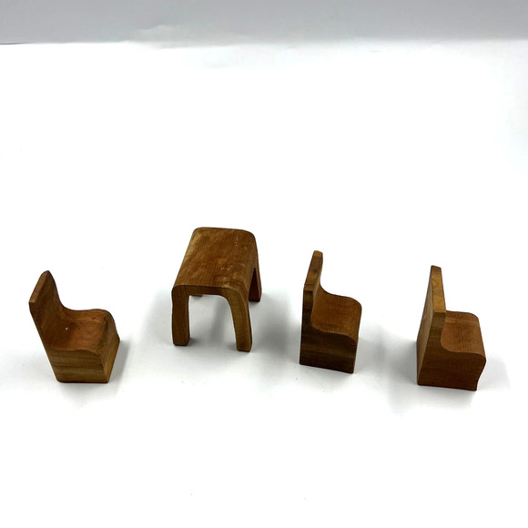Vintage Set Wooden Hand Made Miniature Doll House Table 3 Chairs Primitive - Picture 8 of 11